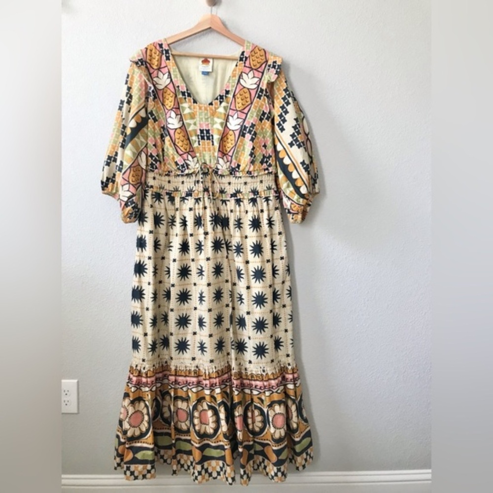 Farm Rio for Anthropologie Tropical Sunshine V Neck Dress Size 1X Maxi Ruffle